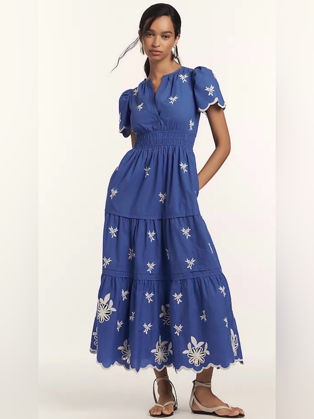 Anthropologie Cobalt Blue Embroidered Smocked Maxi Dress